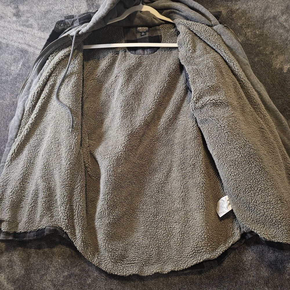 Smith's Workwear Sherpa Lined Hooded Flannel Jacket Gray Black Plaid Men's XL - Picture 4 of 7